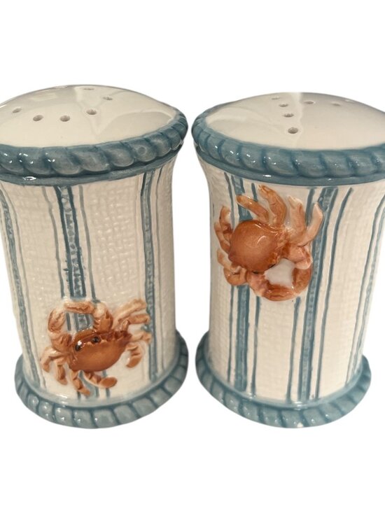 VTG Fitz and Floyd Seaboard Crab Salt & Pepper Shakers – Coastal Blue & White Ce - Picture 1 of 7